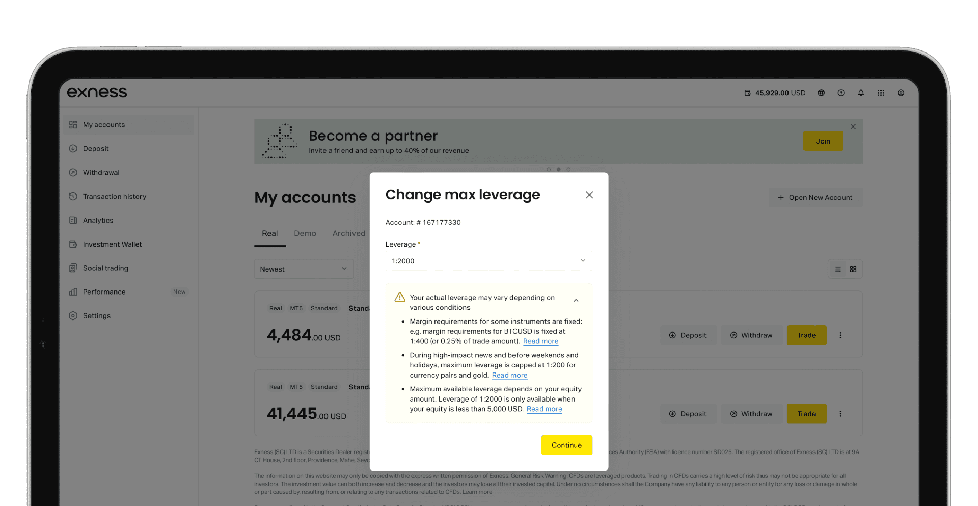 在您的Exness个人专区中更改最大交易杠杆率。